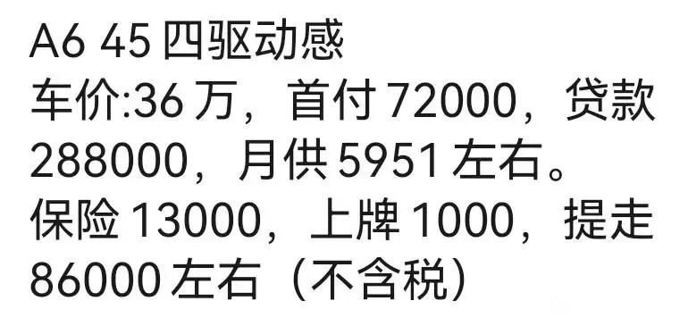 大家看看我这方案怎么样？车型是奥迪A6L 45四驱甄选动感，优折合优惠25个点，