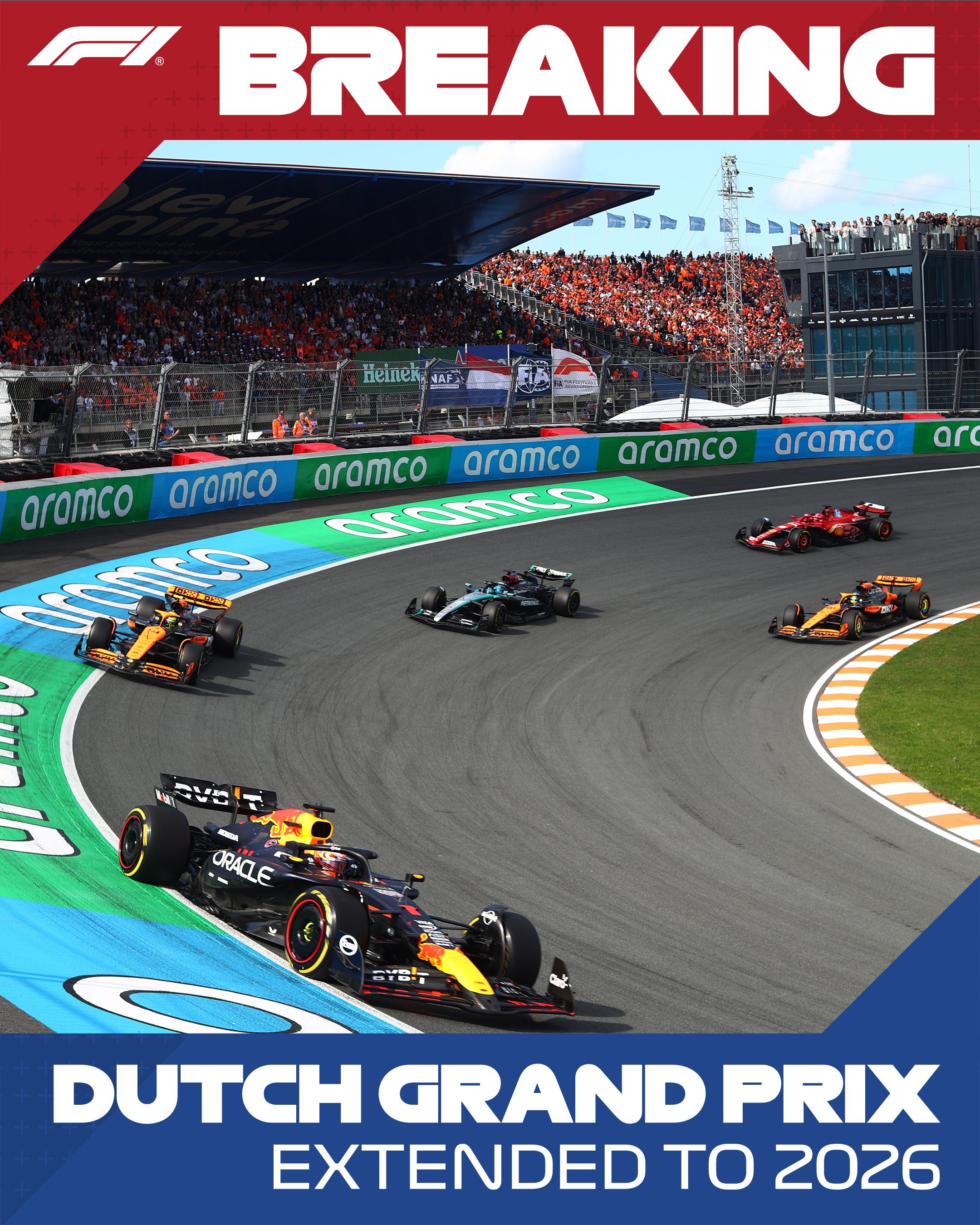 F1官方宣布，荷兰大奖赛续约至2026年，26年之后将不再出现在赛历。明年荷兰大