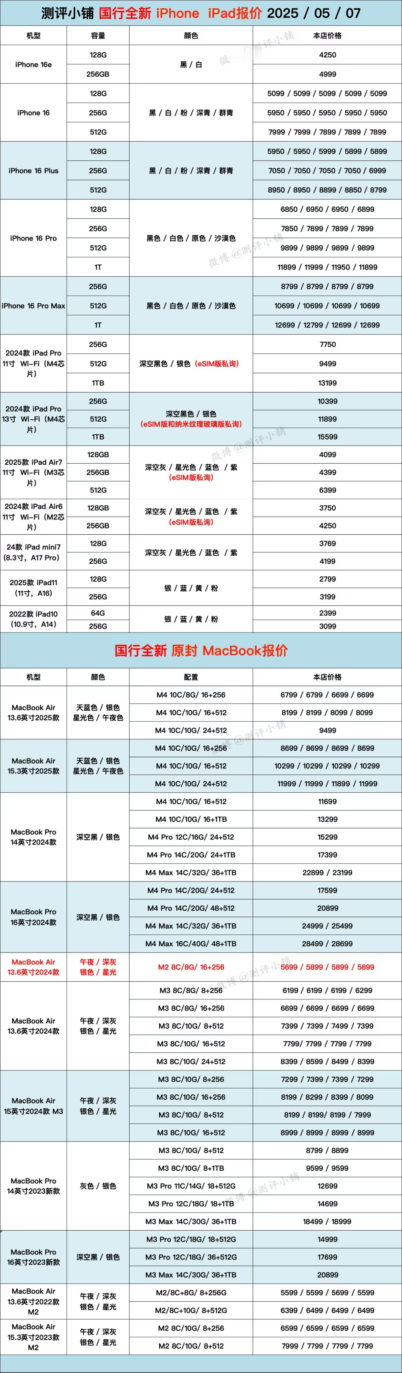 05-07全新机报价。iPhone16、iPad系列，小米15系列，华为Mate