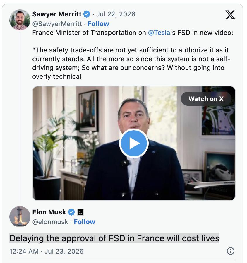 法国拒绝批准FSD上路，引发马斯克不满法国拒绝批准特斯拉FSD的决定引发了马斯克