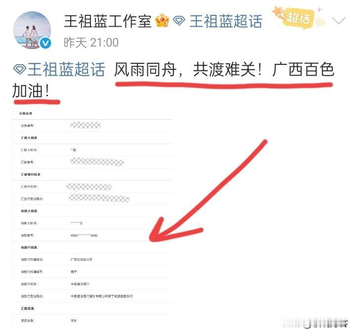 继吴克群之后，
王祖蓝也向百色捐款，捐了10万元，希望这些款项都能到达灾们手中，