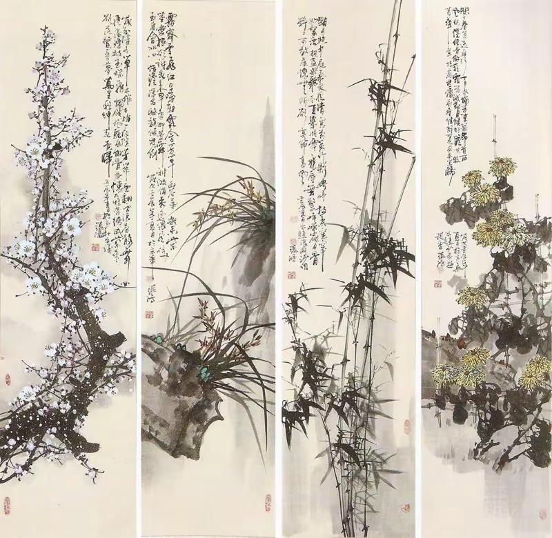 梅兰竹菊。花鸟四条屏水墨四屏 梅兰竹菊四君子 竹兰图 原创国画水墨四条屏