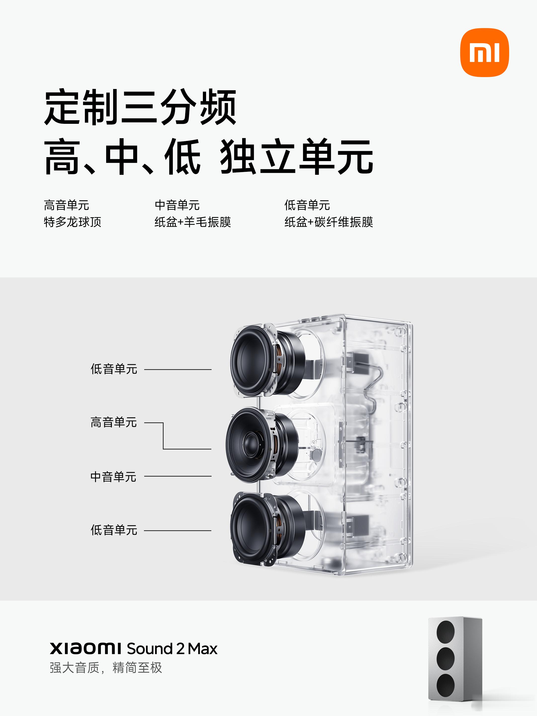 小米Sound2Max  采用高端声学配置深度定制三分频喇叭，中高音同轴设计让中