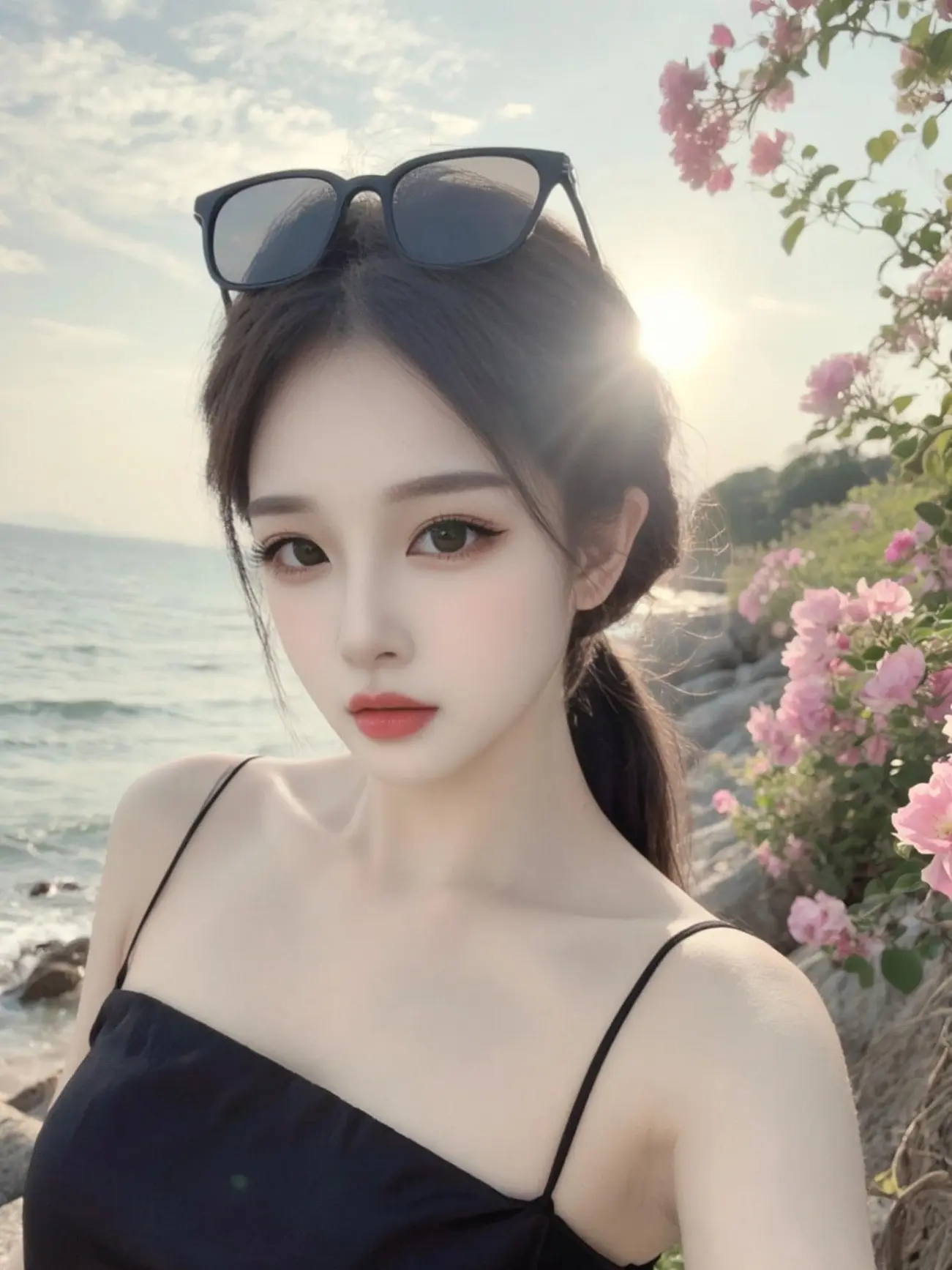 纯欲天花板 海边美女 甜美风海边度假穿搭推荐 海边黑色吊带裙氛围感 清纯甜美