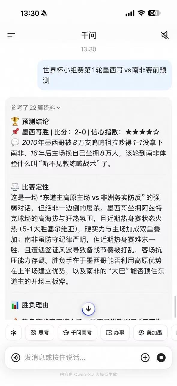 千问预测比分红牌竟然全中 每届世界杯期间，预测比分都是一个很好玩的事情，但是要预