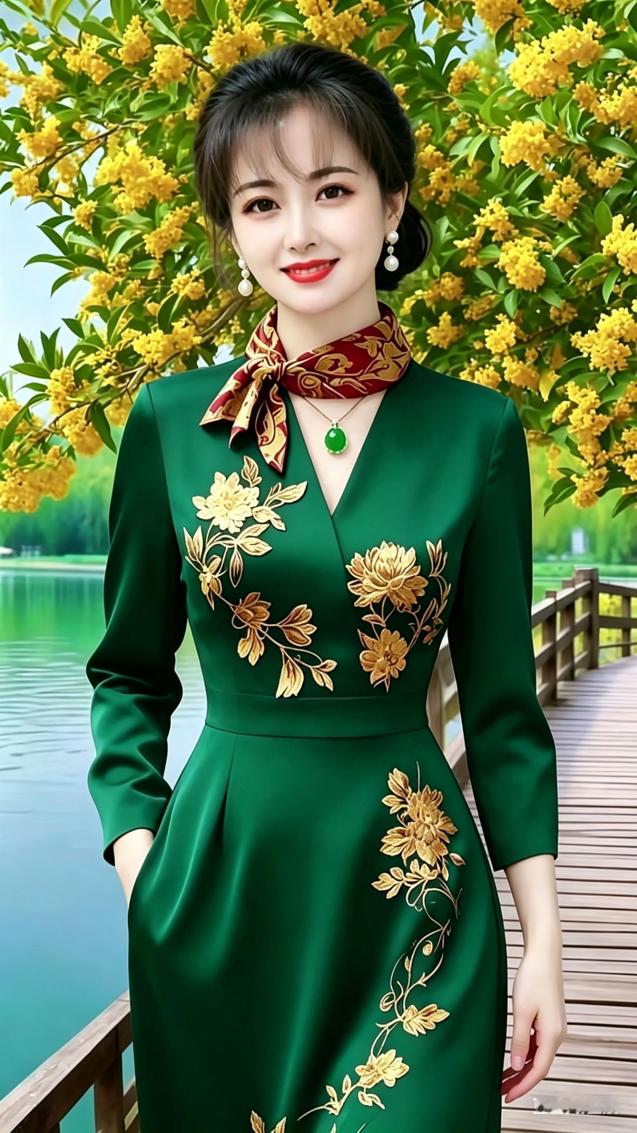 身着金线刺绣绿裙的女子静立桂花树下，金纹精致亮眼，淡淡花香萦绕周身，柔光衬出温婉