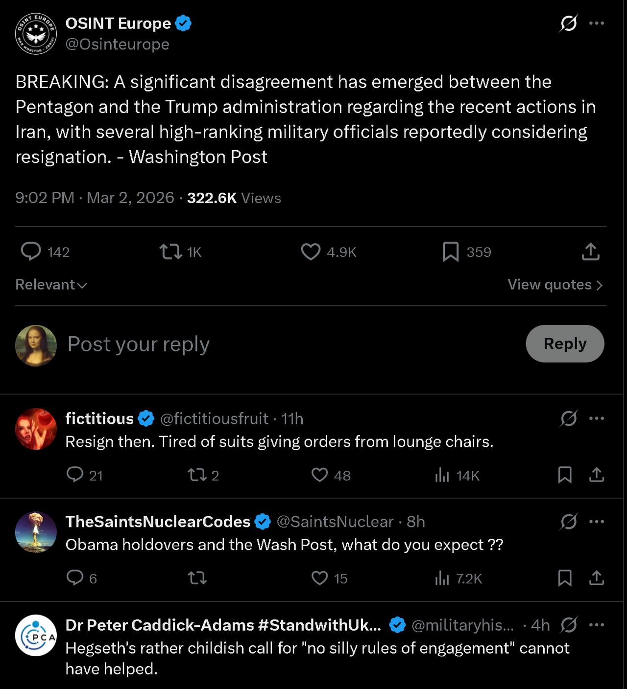 五角大楼和特朗普政府之间就最近在伊朗的行动出现了重大分歧，据报道，几名高级军事官