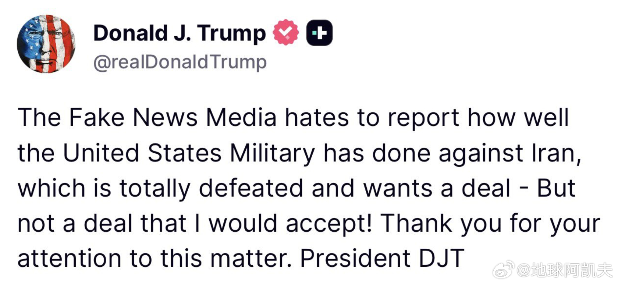 ‼️特朗普：“假新闻媒体讨厌报道美国军方对伊朗的打击有多好，伊朗完全被打败了，想