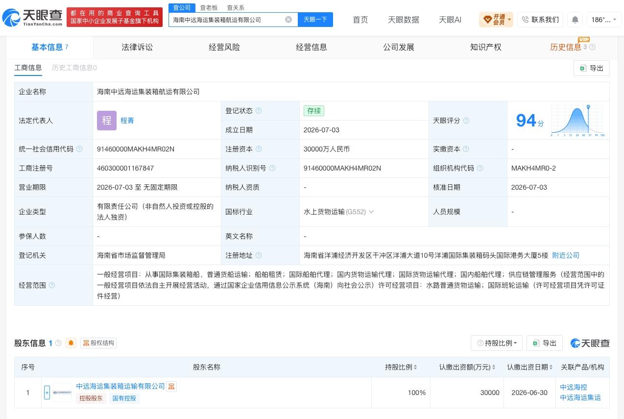 中远海控在海南成立新公司 注册资本3亿

天眼查App显示，近日，海南中远海运集
