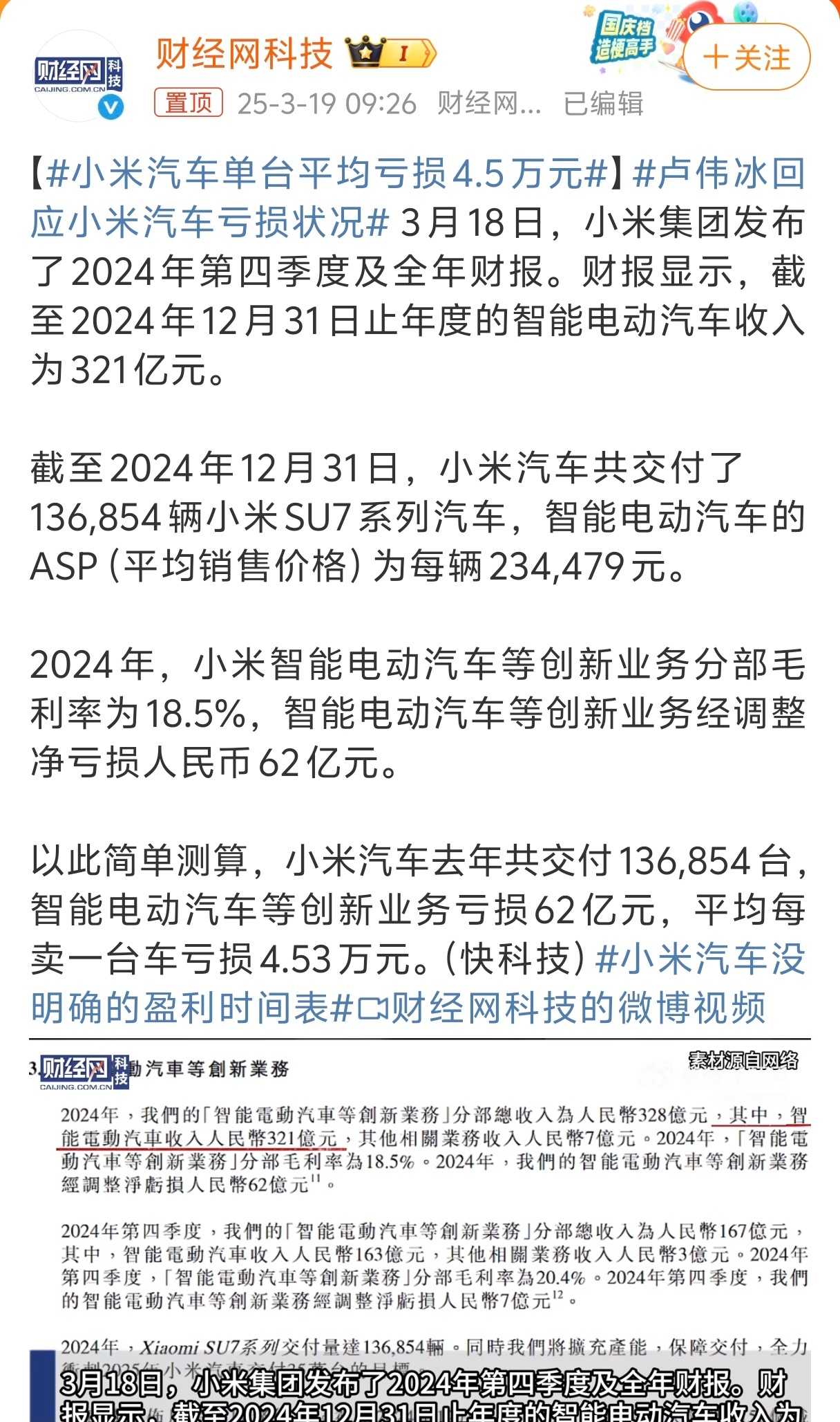 小米汽车单台平均亏损4.5万元 做过产品的的都知道，但是普通人很难理解。为什么热