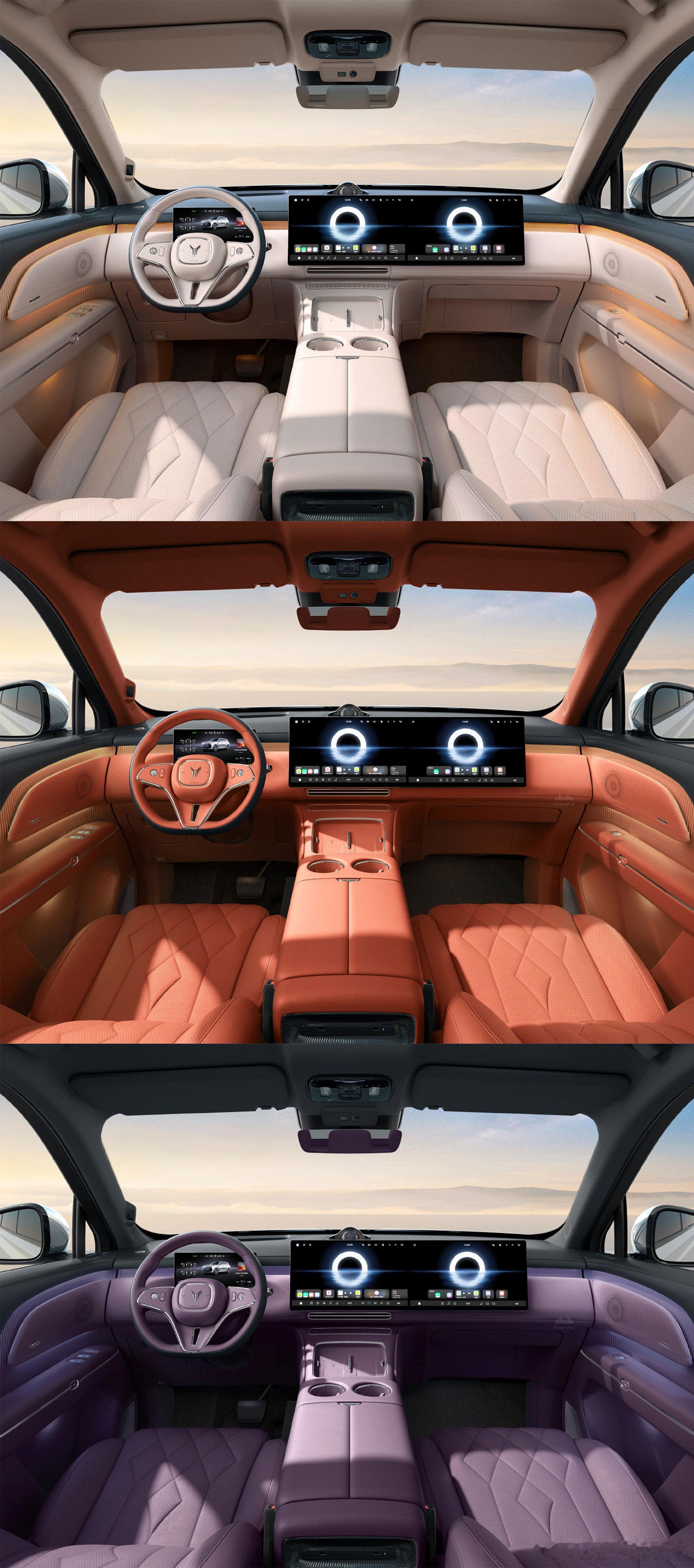 岚图泰山 X8 内饰，比较意外的是竟然用了中控+副驾的一体式大屏。新能源汽车大v