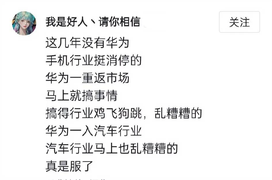 ①“没有华为这几年，手机行业很消停，华为一回来立马鸡飞狗跳”；
②“华为进入汽车