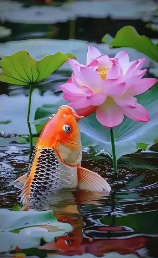 上联：月映荷塘花弄影，
下联：鱼跃出水吻莲花。