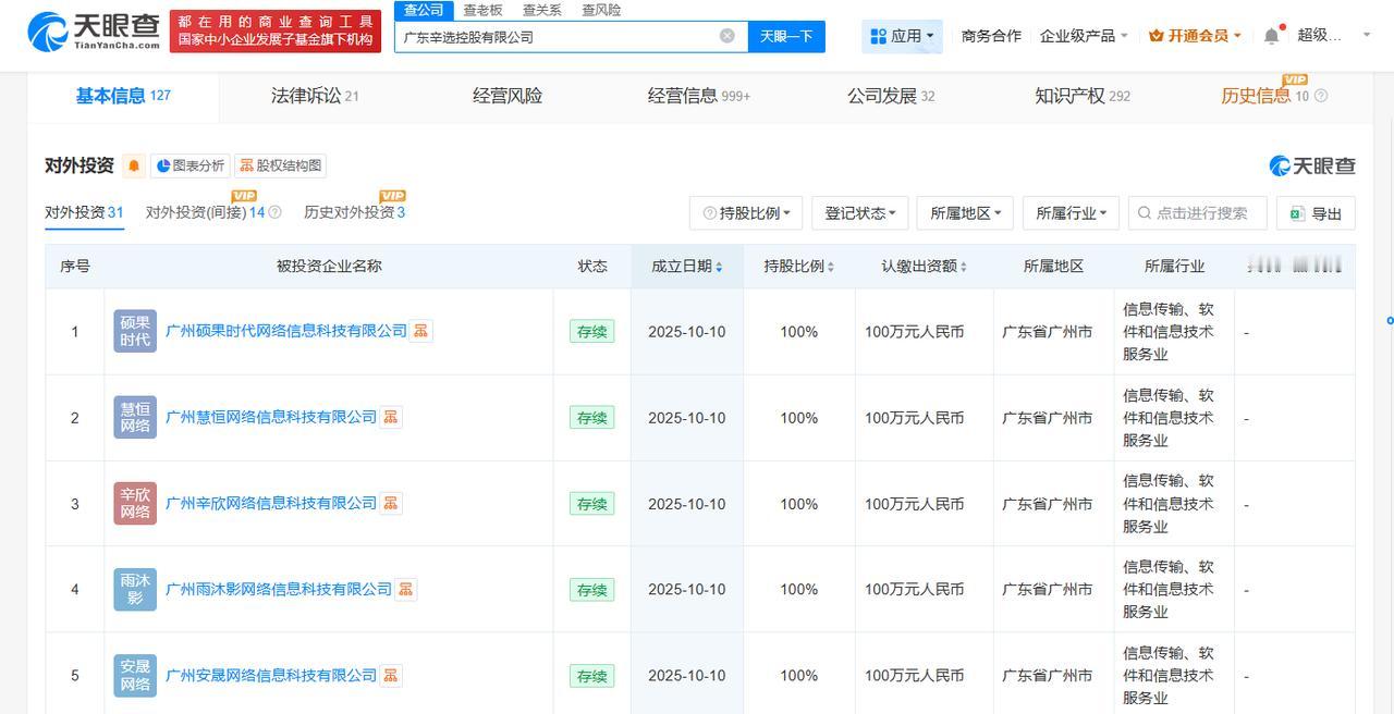 天眼查工商信息显示，近日，广州硕果时代网络信息科技有限公司、广州慧恒网络信息科技