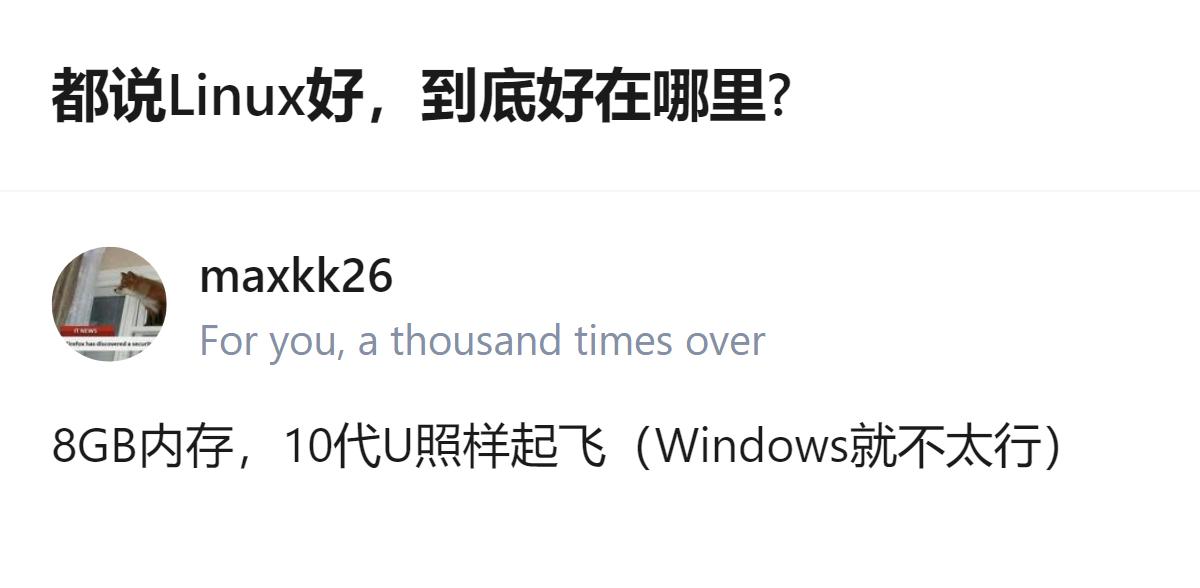 针对Linux的优势，有回答提到8GB内存搭配10代处理器就能流畅运行，而Win