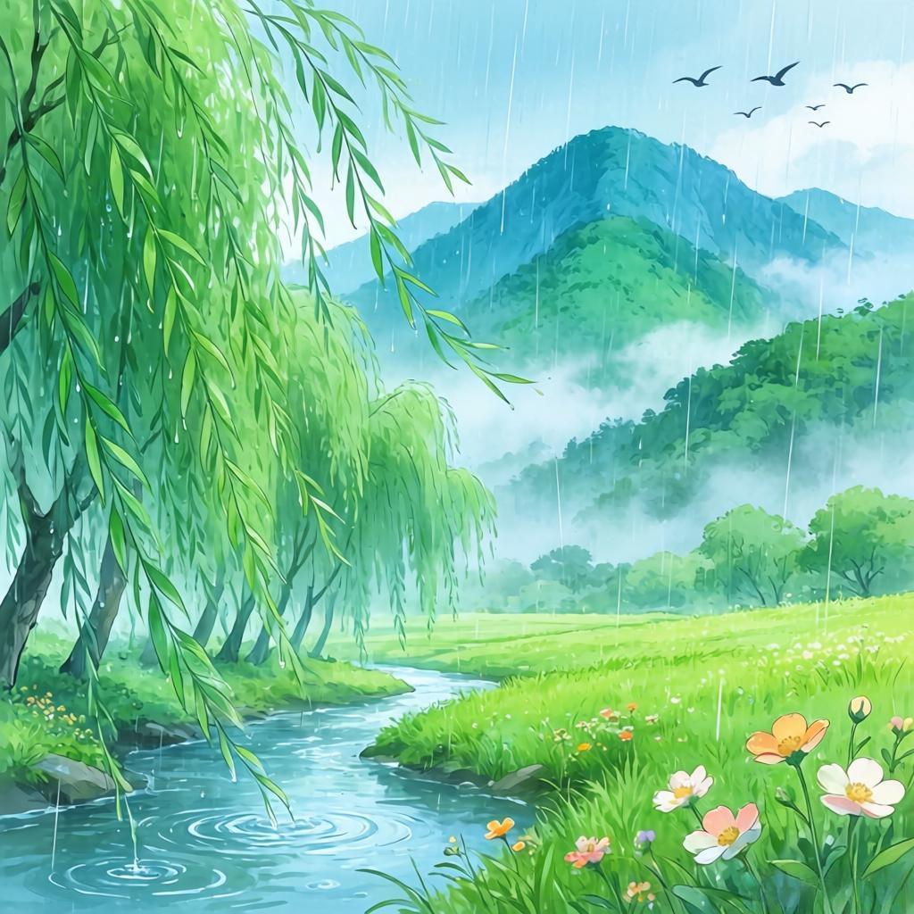 上联：风梳绿柳千丝秀
下联：雨润青山万象新