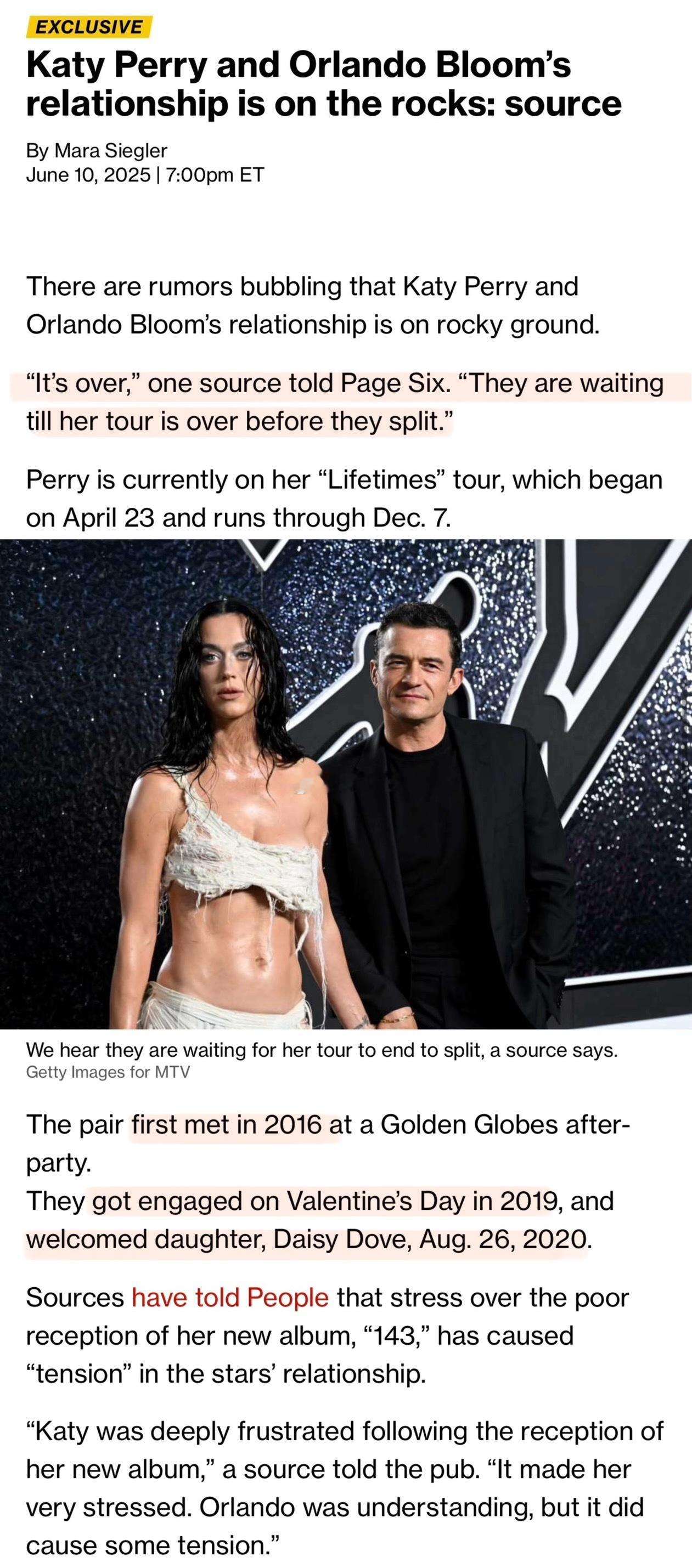 《第六页》说Katy Perry和Orlando Bloom的多年关系疑似“触礁