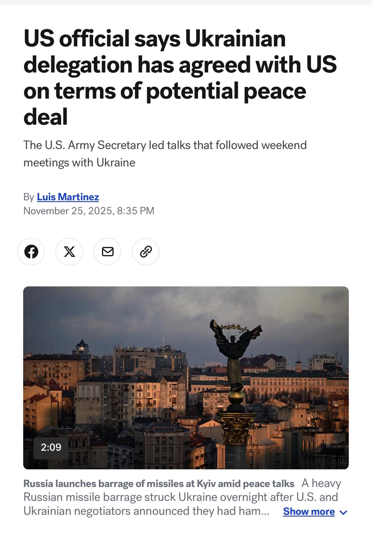 当地时间周二，一位美国官员告诉美国广播公司新闻，一个乌克兰代表团已与美国就潜在和