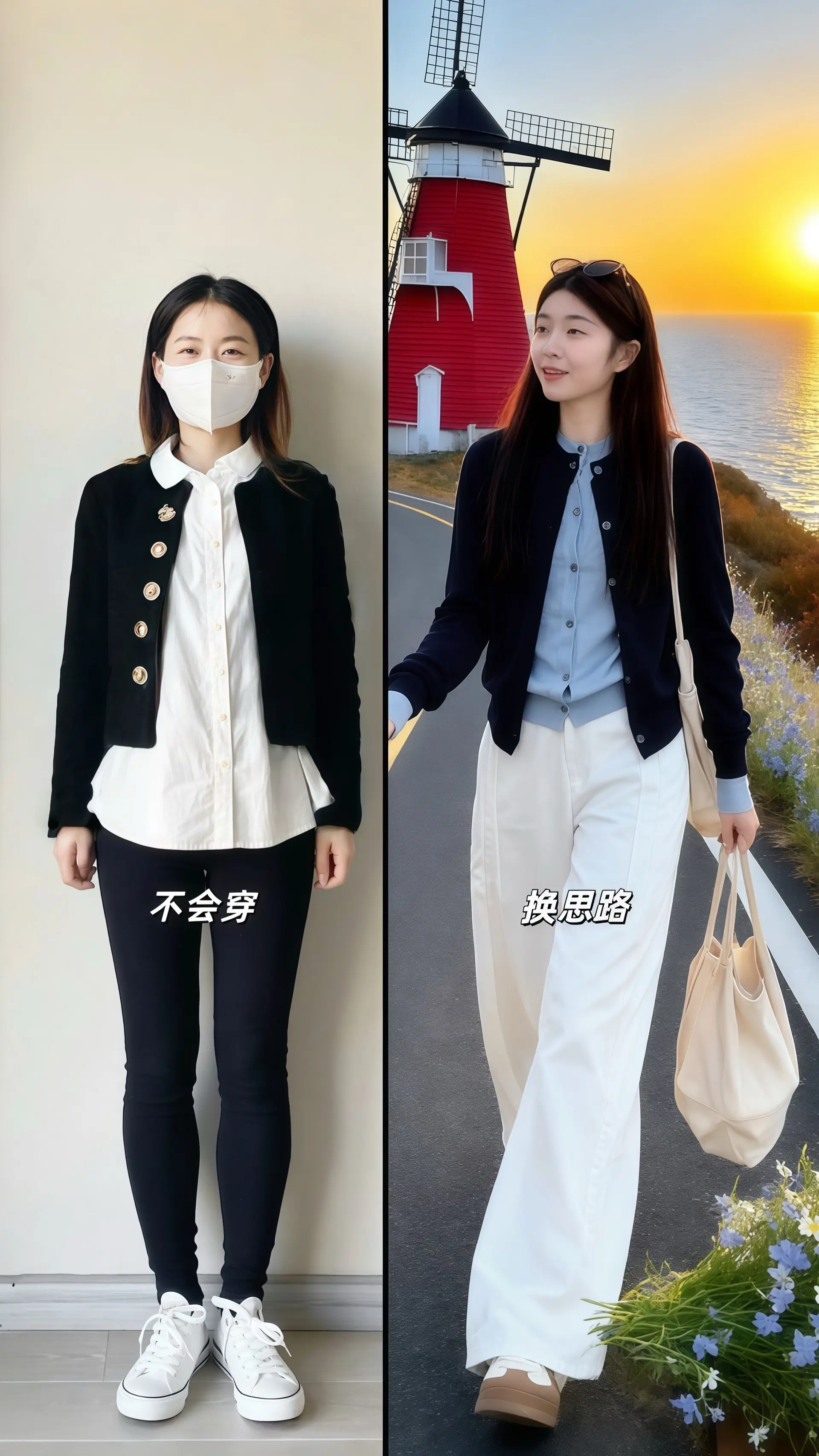 晚风与针织的邂逅 她穿着高级感针织衫白色阔腿裤两件套，浅蓝针织衫温柔地...