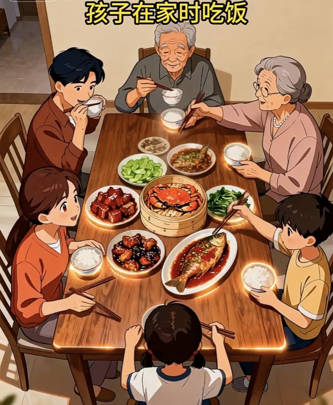 “ 父母总是偏爱孩子们，每次一来菜总是那么大鱼大肉，自己两人 总是随便对付一口，