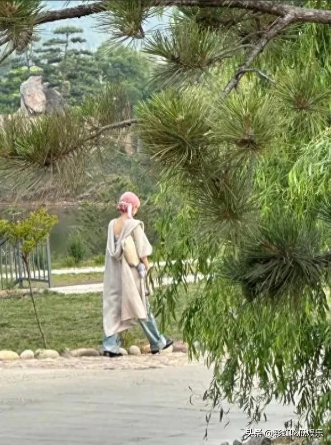 网友在公园偶遇赵丽颖，没想到本人好白好嫩，一头粉发很扎眼，美得冒泡。

赵丽颖懒