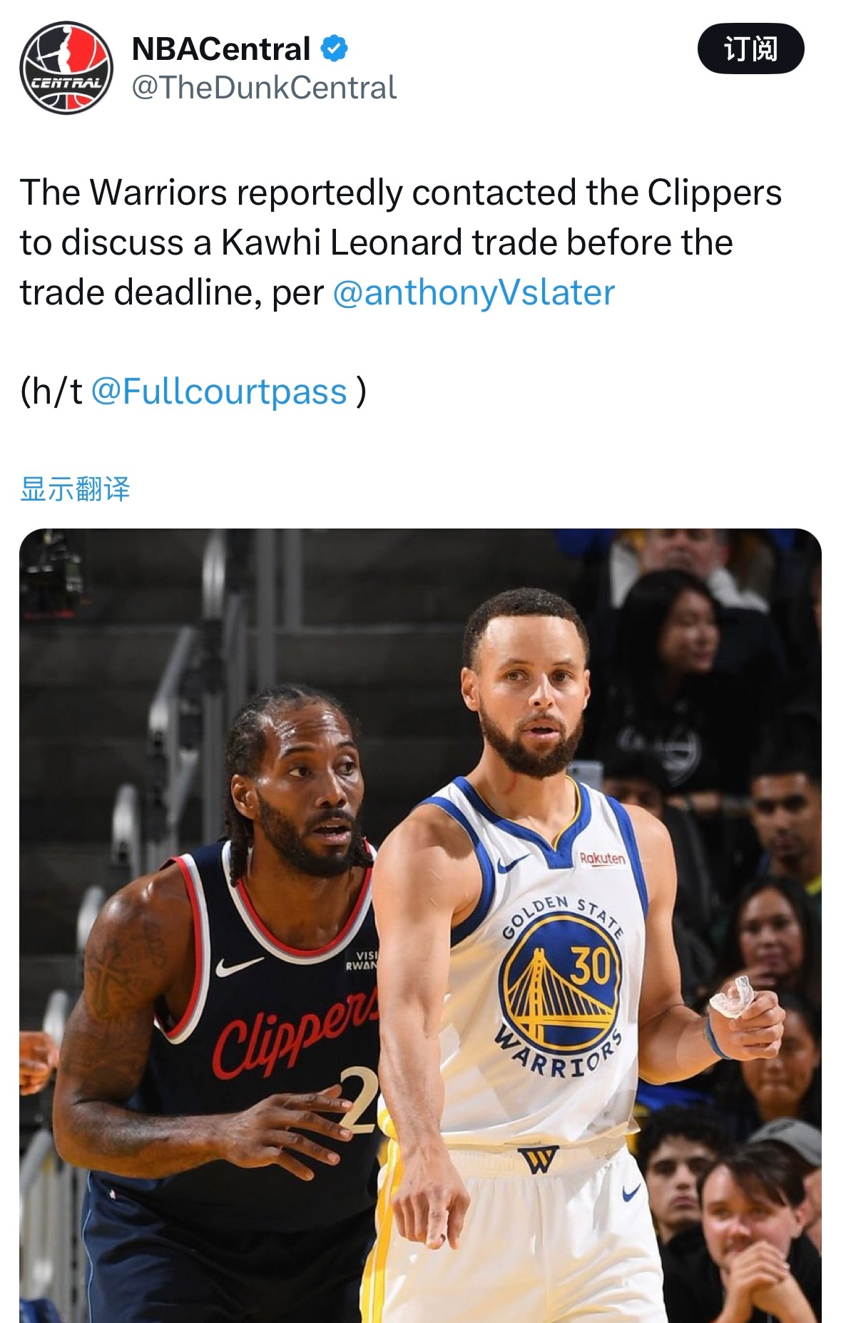 勇士记者：勇士曾在交易截止日前联系快船队，商讨交易伦纳德。 