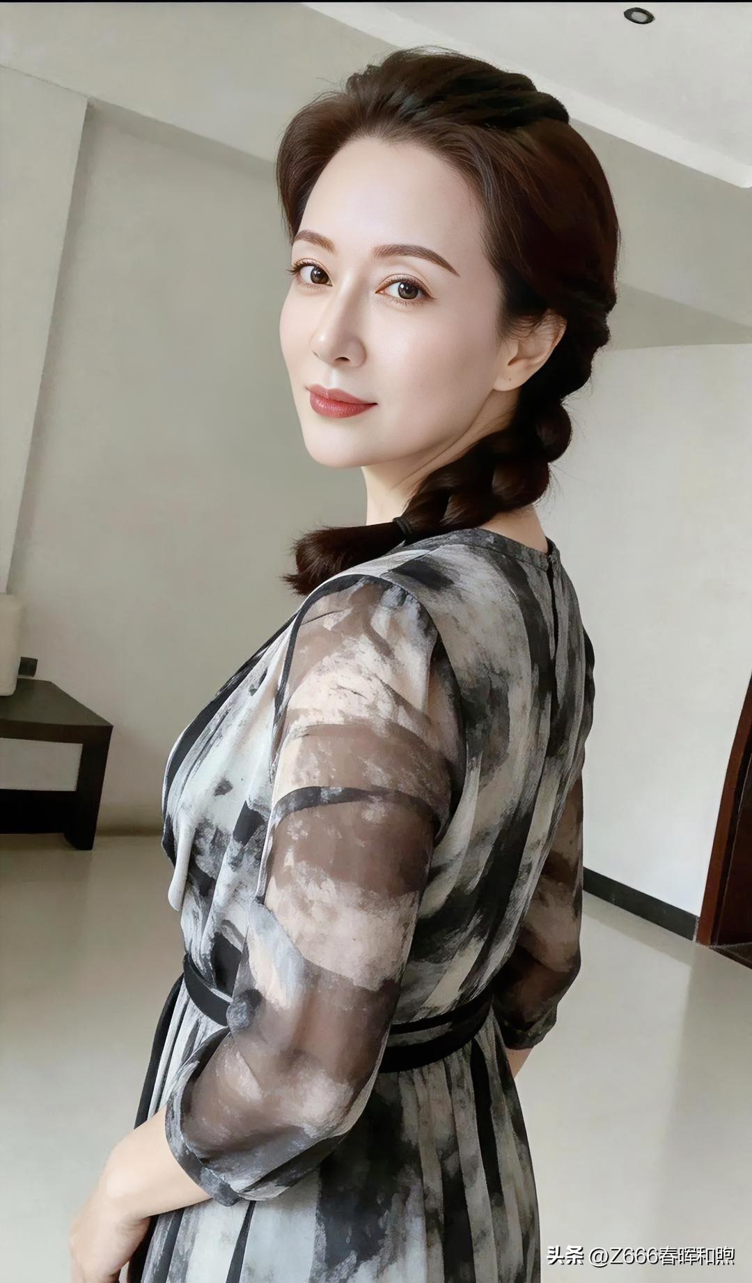发辫温婉，水墨纱裙萦绕，于简约室内，静展东方雅韵。