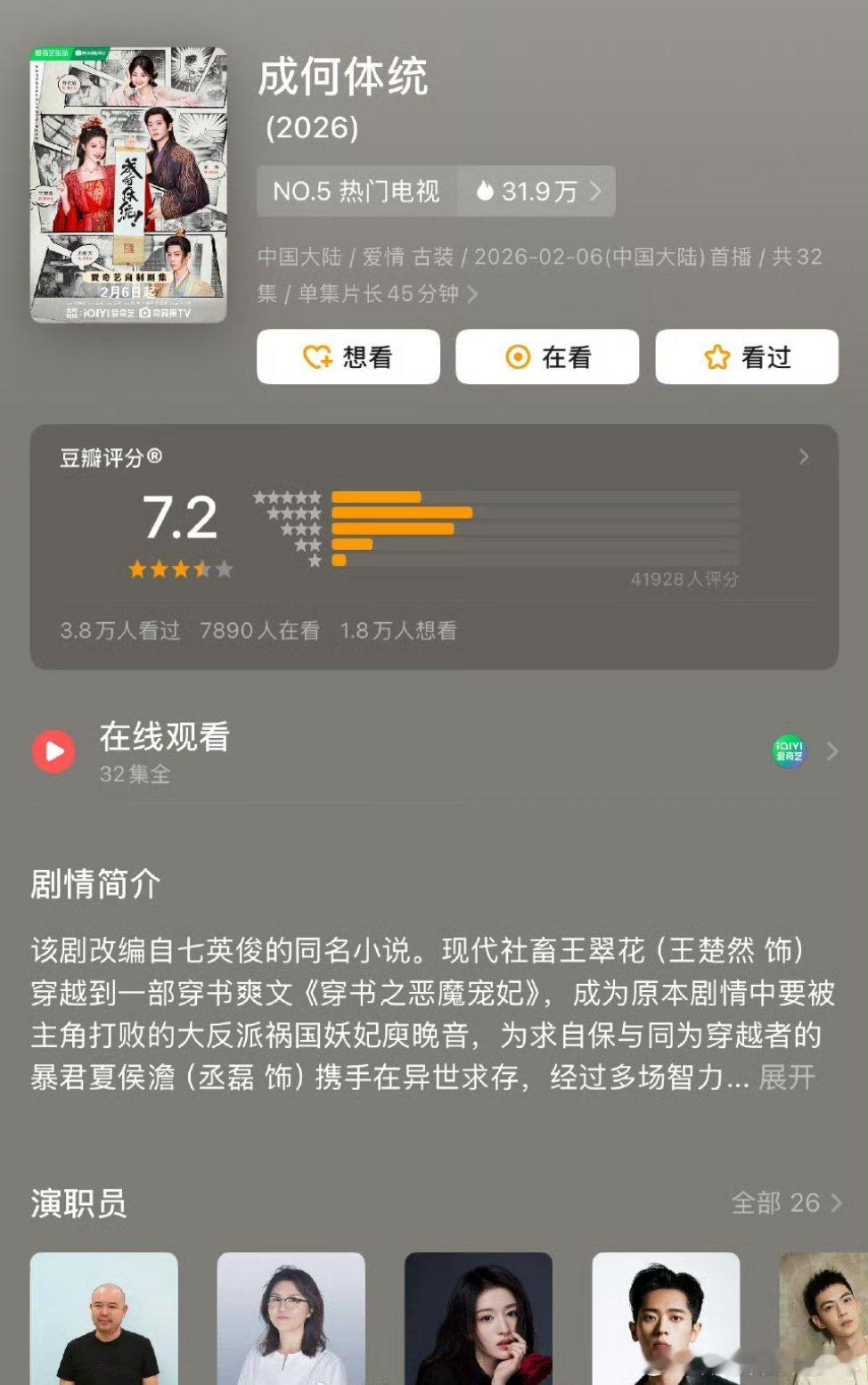 王楚然丞磊成何体统豆瓣打分7.2王楚然 丞磊《成何体统》开分7.2分，4.2w人