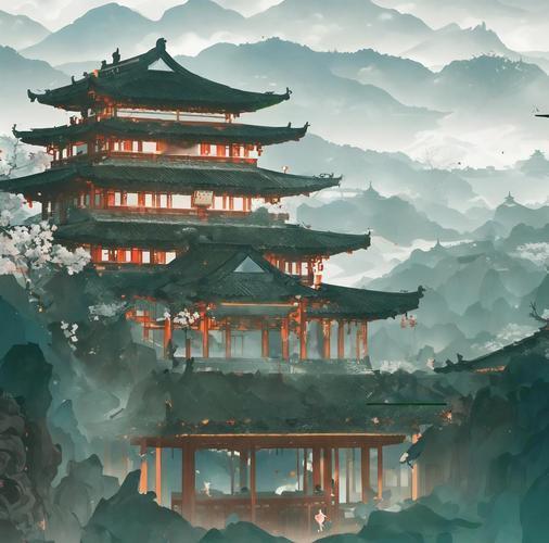 上联：楼台与天共长空，
下联：古道长亭留旧影，
下联：山色随云入远怀。