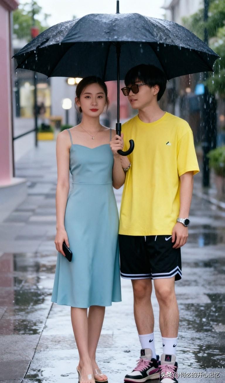 商业街淡蓝长裙姐姐挽着男生胳膊，男生撑伞侧头看藏不住心思

雨后
整条步行街都安