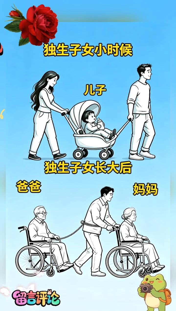 独生子女小时候。
独生子女长大后。
爸爸，妈妈。
留言评论。