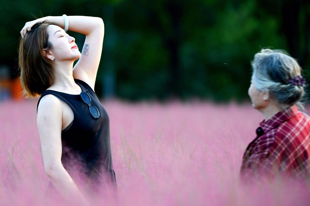 粉黛时光

粉黛如烟漫野柔，
黑衣少女仰清眸。
臂弯玉镯凝光润，
腋下纹花映日悠