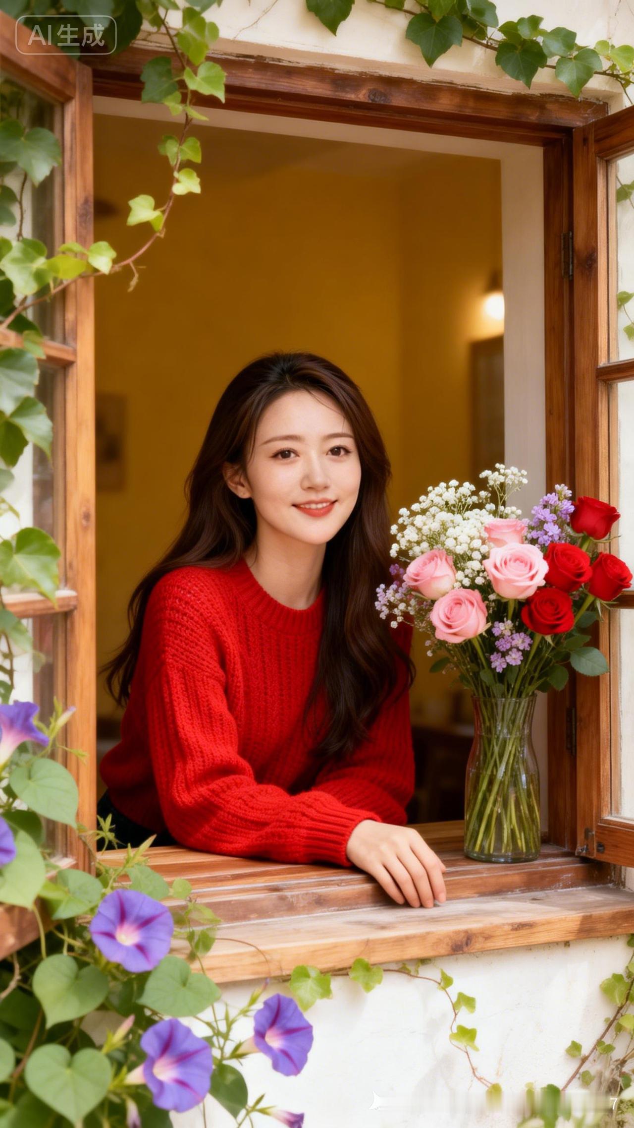 温暖冬日，红衣少女与花共舞！