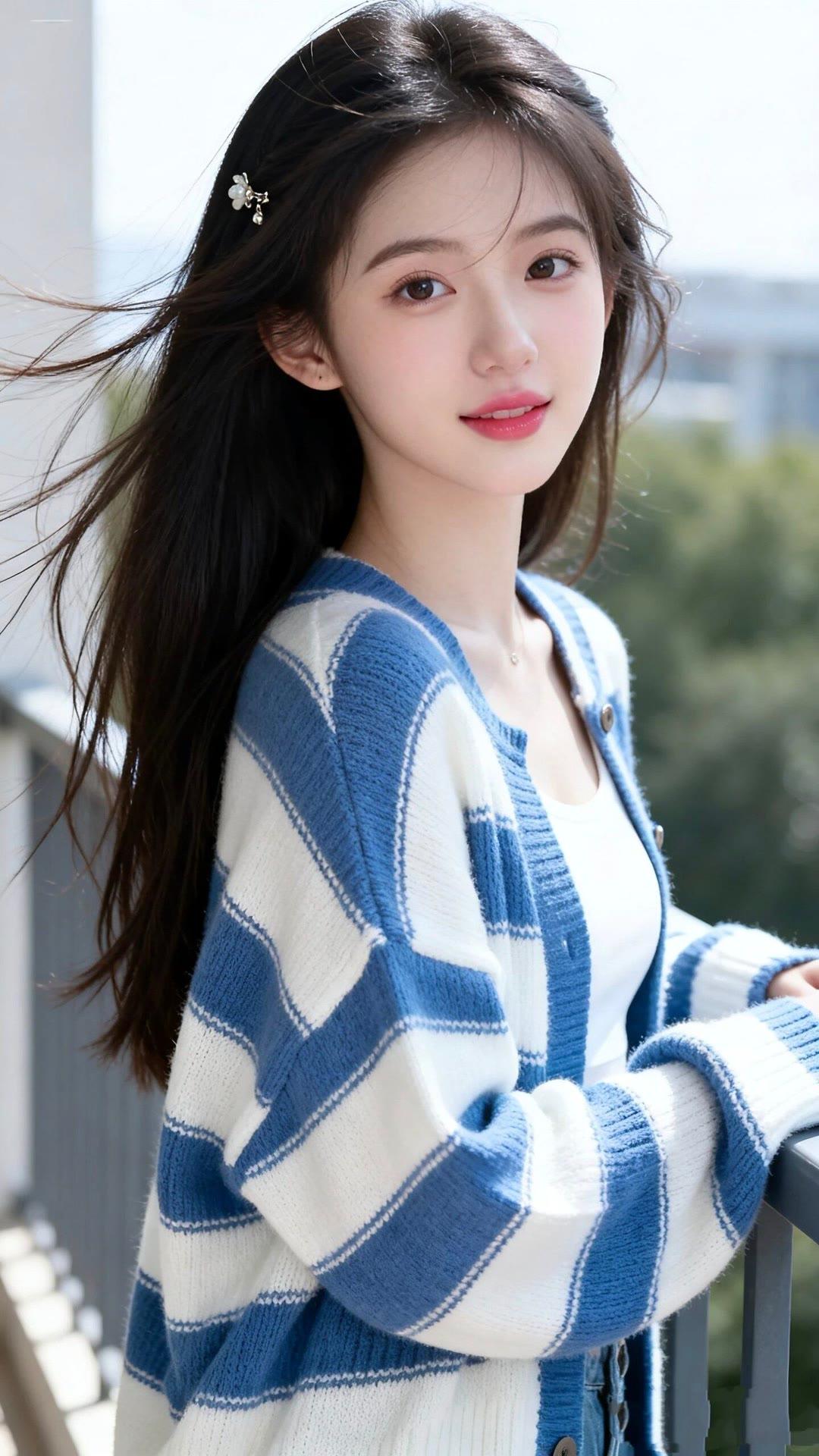 温柔少女风，蓝白条纹毛衣，阳光下的甜美笑容