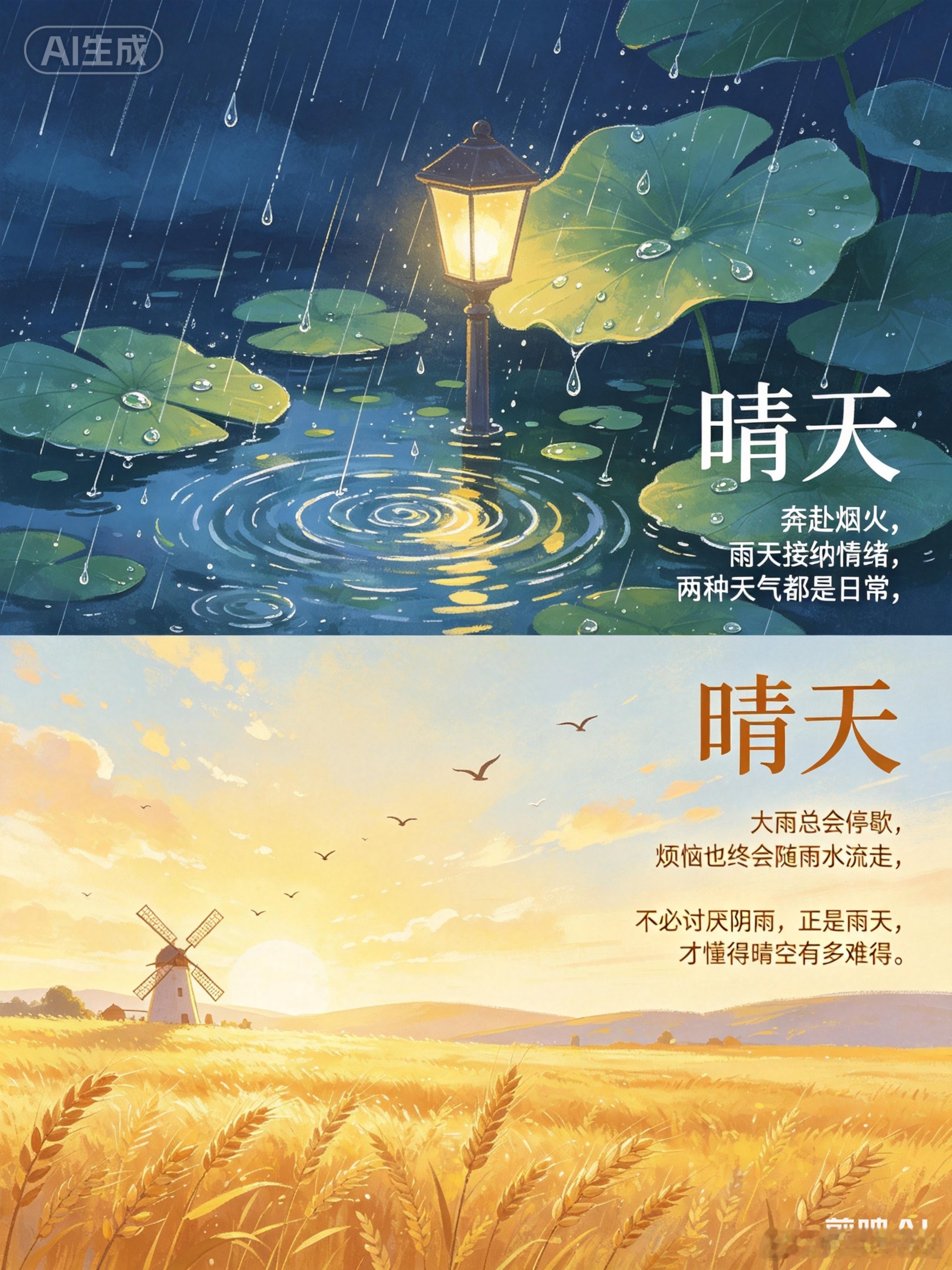 1. 晴天奔赴烟火，雨天接纳情绪，两种天气都是日常。2. 大雨总会停歇，烦恼也终