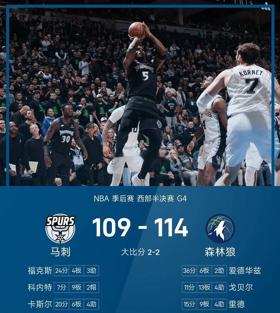 05月11日讯 NBA西部半决赛G4，森林狼主场对阵马刺。上半场两队陷入拉锯战，