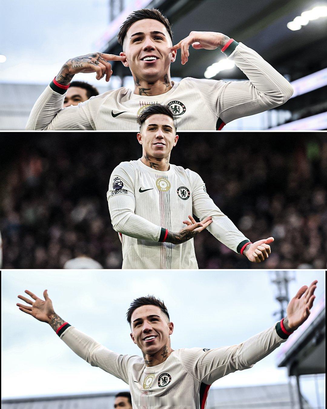 恩佐·费尔南德斯在对阵水晶宫的比赛中进球后，做了三种不同的庆祝动作⚽️哈哈哈水晶