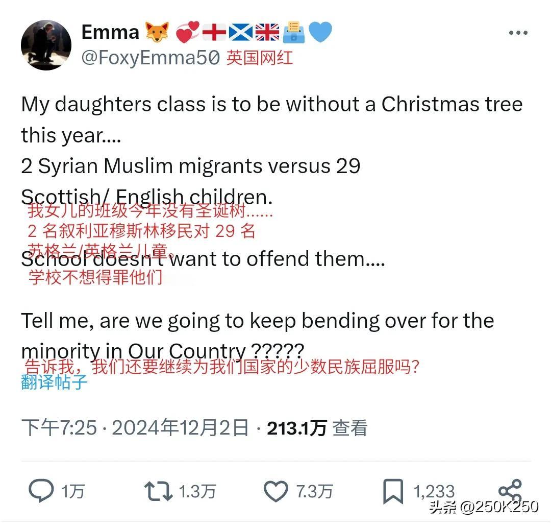 英国小网红Emma发帖说：俺女儿学校的班里，今年没有圣诞树，因为有俩穆斯林孩子。