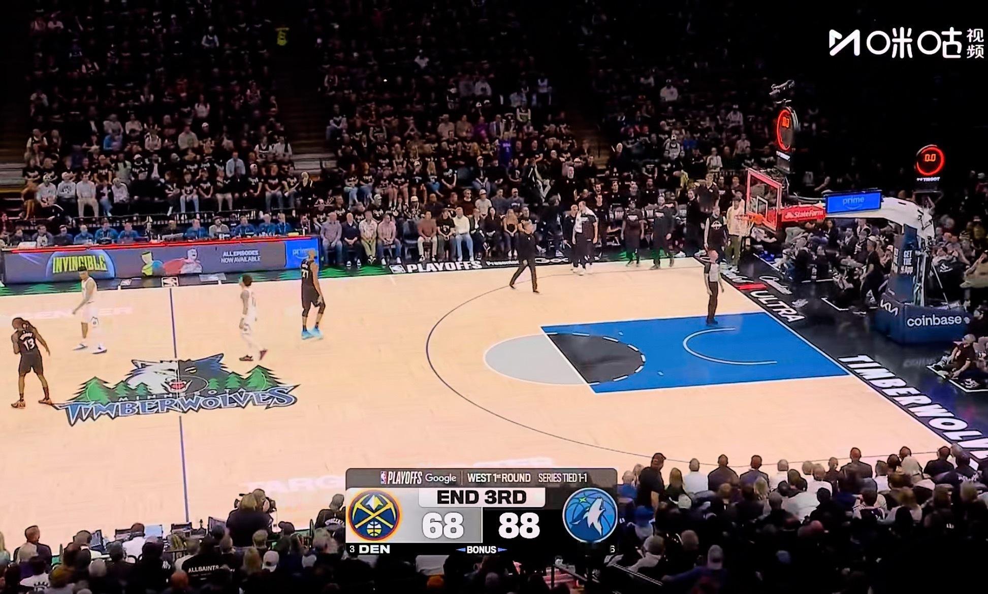 三节比赛结束，森林狼依然手握20分优势。掘金vs森林狼