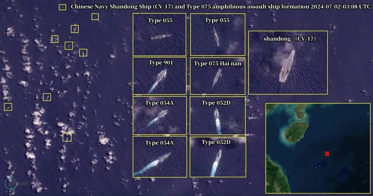 中国海军超大规模的航母打击群现身南海，威震四方。

根据商业遥感卫星照片显示，在