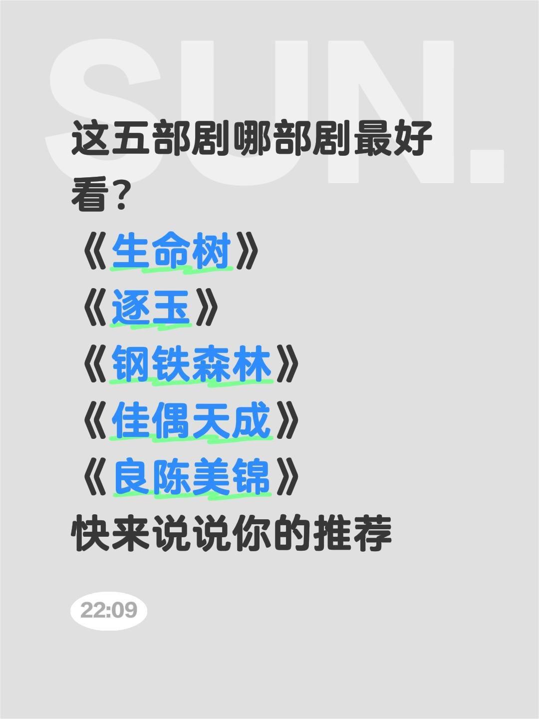 这五部剧哪部剧最好看？
《生命树》
《逐玉》
《钢铁森林》
《佳偶天成》
《良陈