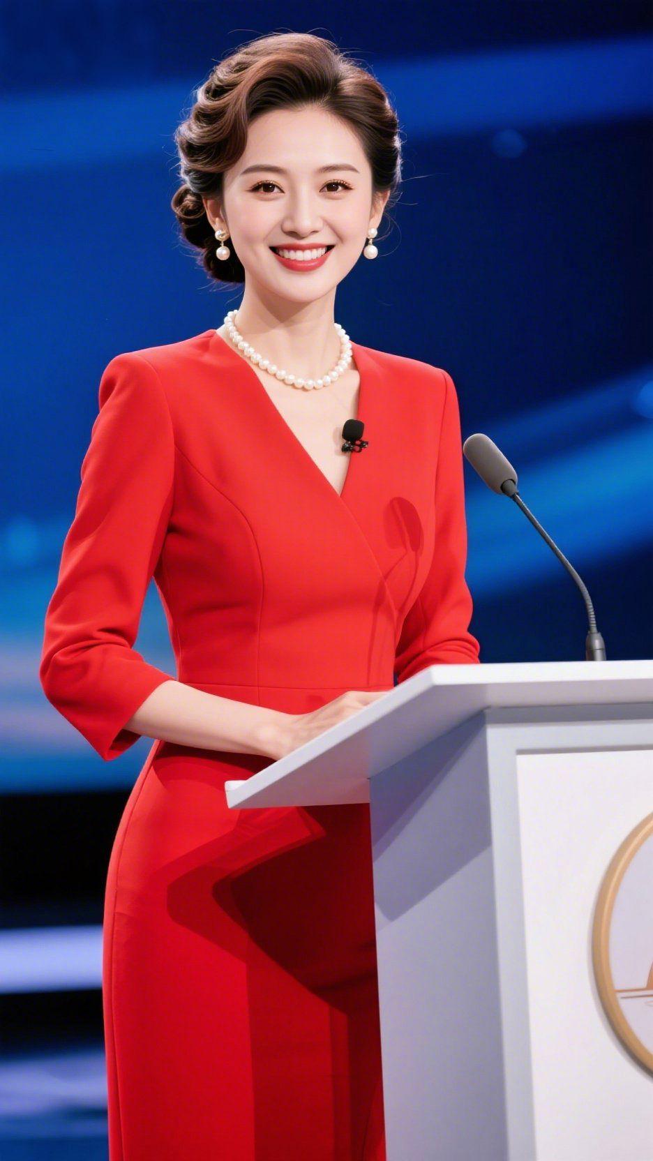 《红裙载声柔》
 
深蓝背景衬着舞台的光，正红裙装漫着舒展的艳，像把晨日的暖织进