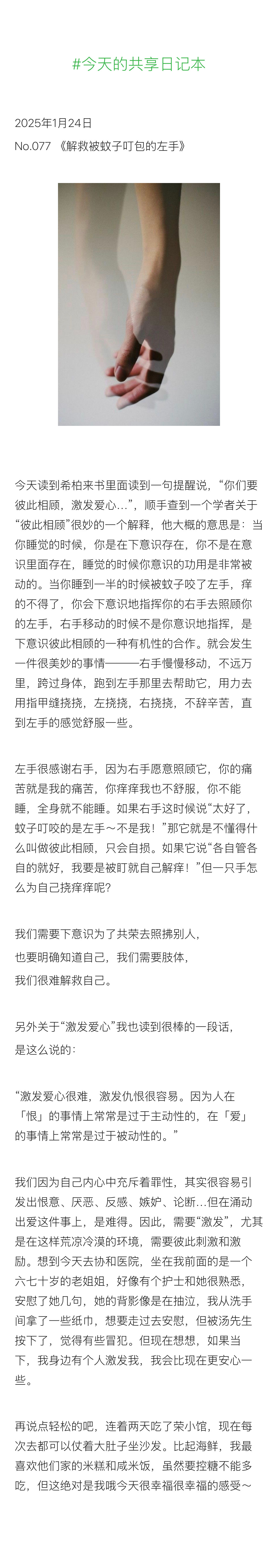 今天的共享日记本  2025年1月24日 No.077 《解救被蚊子叮包的左手》