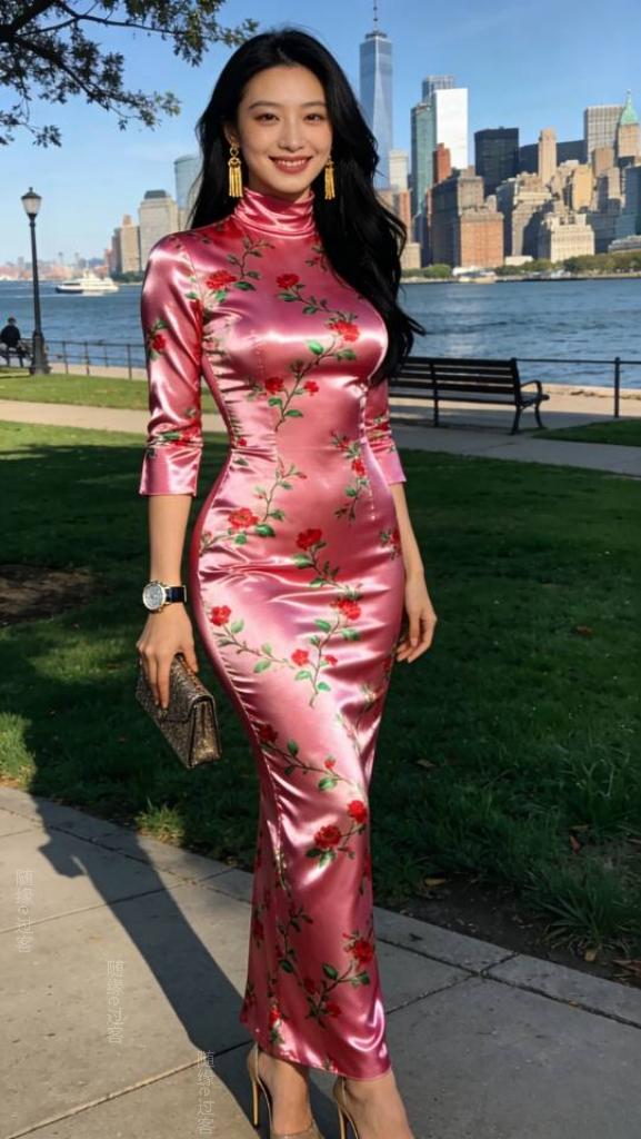 粉红色旗袍裙女子海边留影。旗袍 旗袍美女