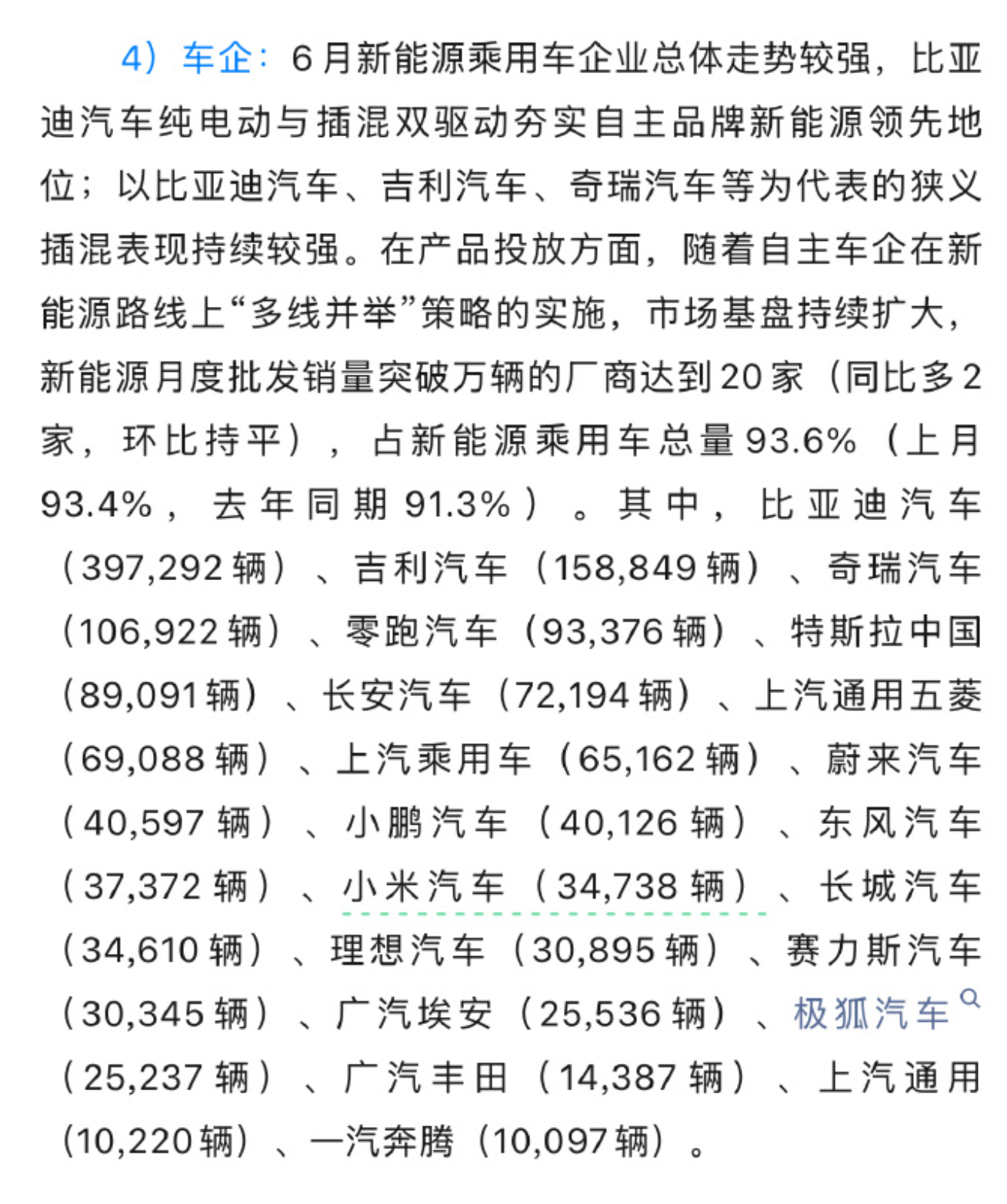 6 月乘联会批发数据：小米 34738 辆，其中新 SU7 为 2 万台那也就是