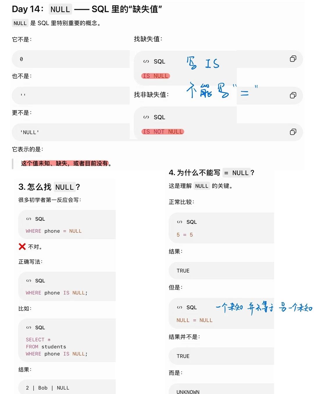 零基础学习SQL第十四天
好像在任何数据处理中，NULL都有一个“麻烦”存在哈哈
