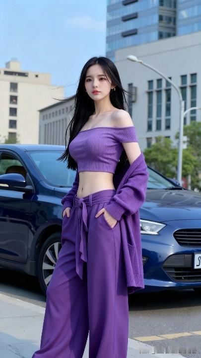 这位小姐姐穿着一身紫色套装，站在车旁。