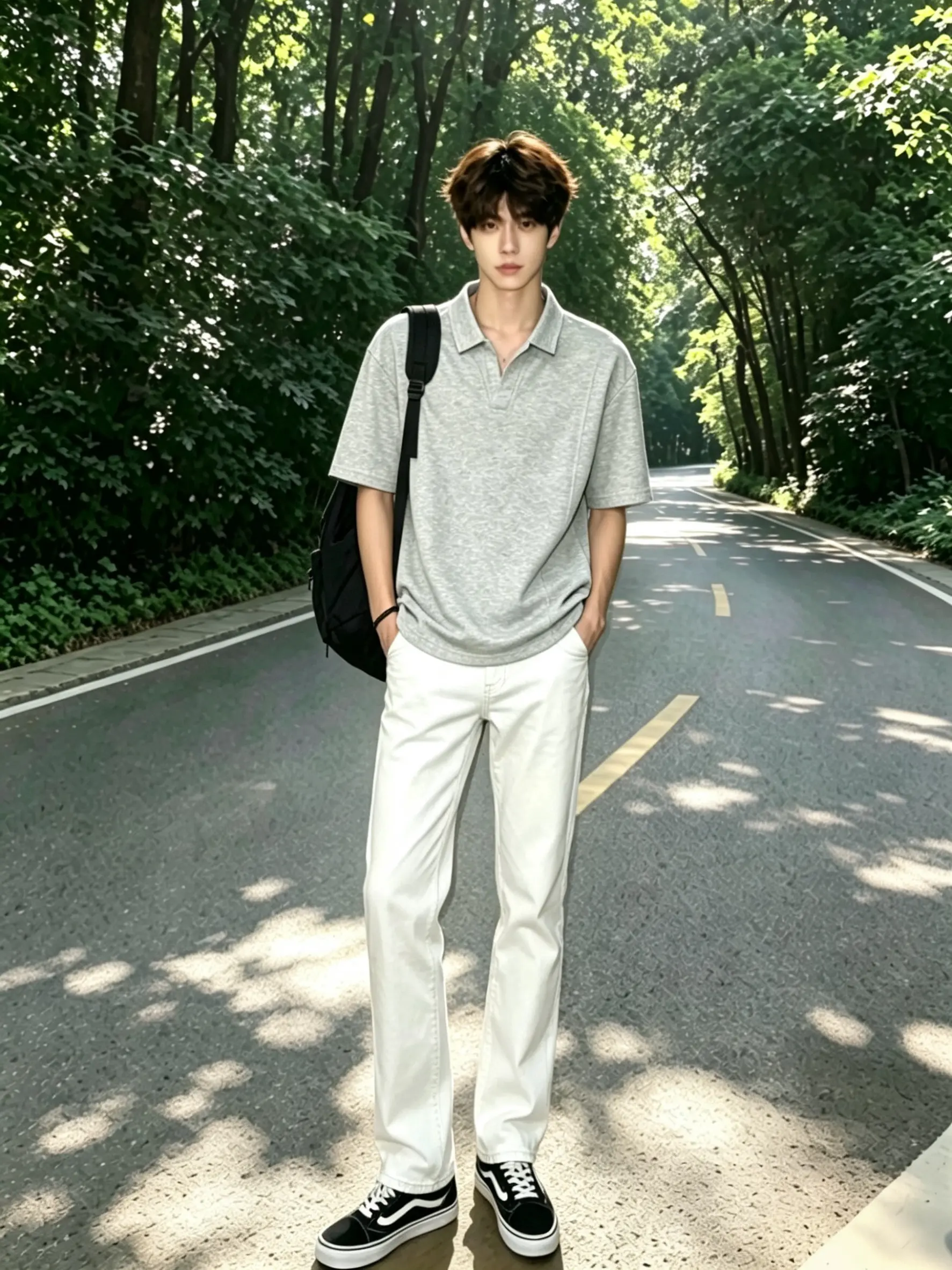 撞色领Polo，上身干净板正。