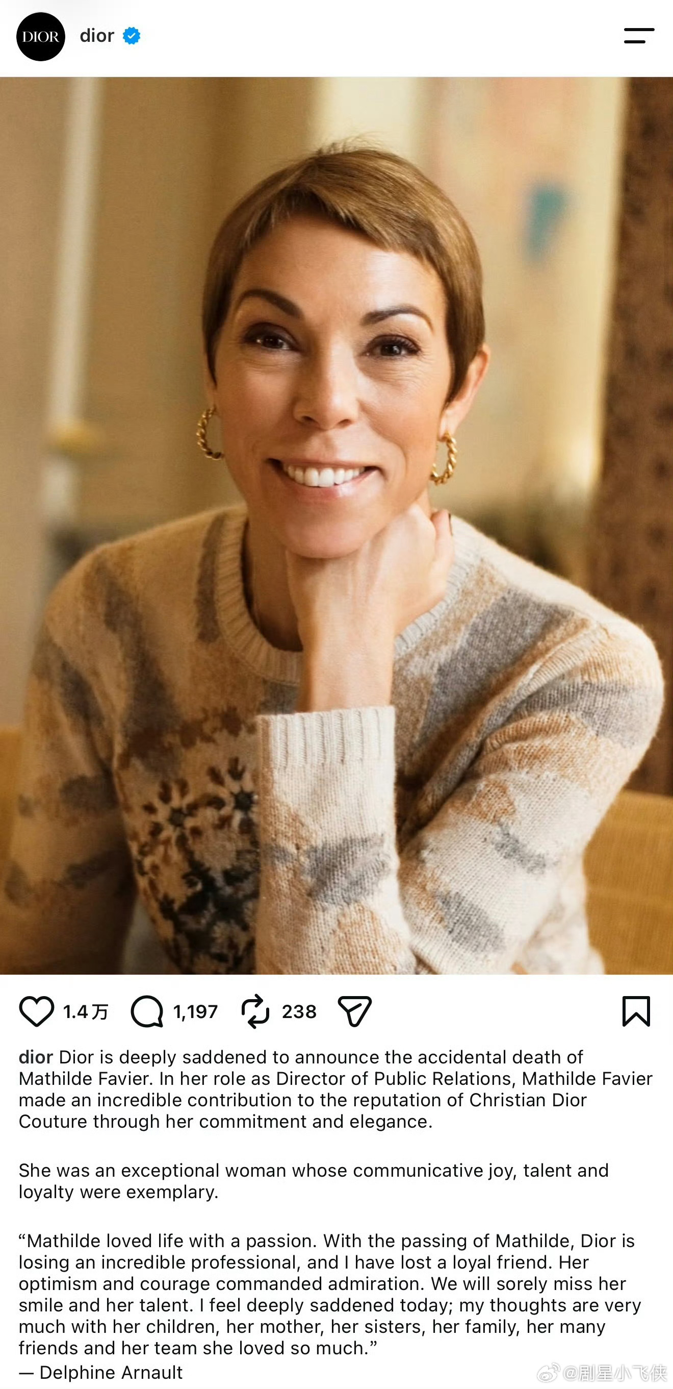 Dior全球公关总监去世Dior全球公关总监Mathilde Favier，57