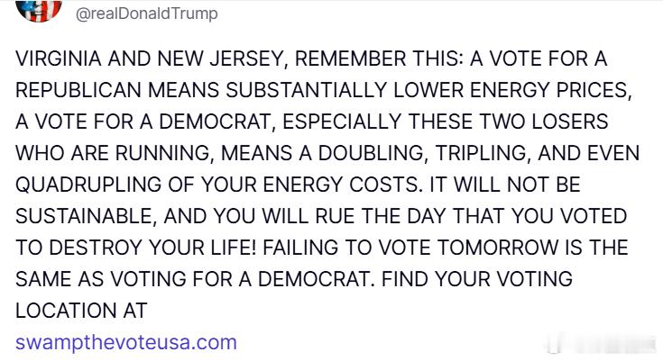 特朗普总统11月3日：弗吉尼亚州和新泽西州的选民请记住这一点：投票给共和党人，就